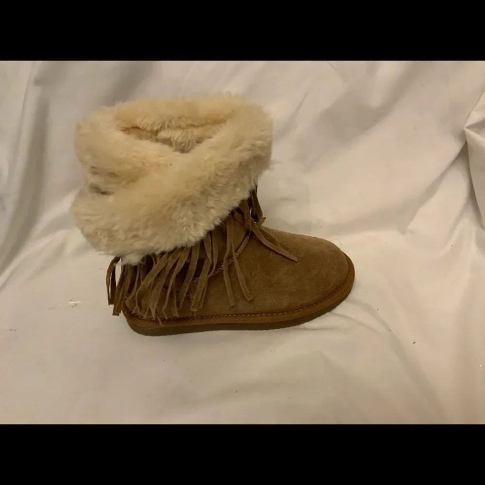 LAM Girls Brown Boots Frill Tassels Faux Fur Size 2 Y Suede Leather Booties